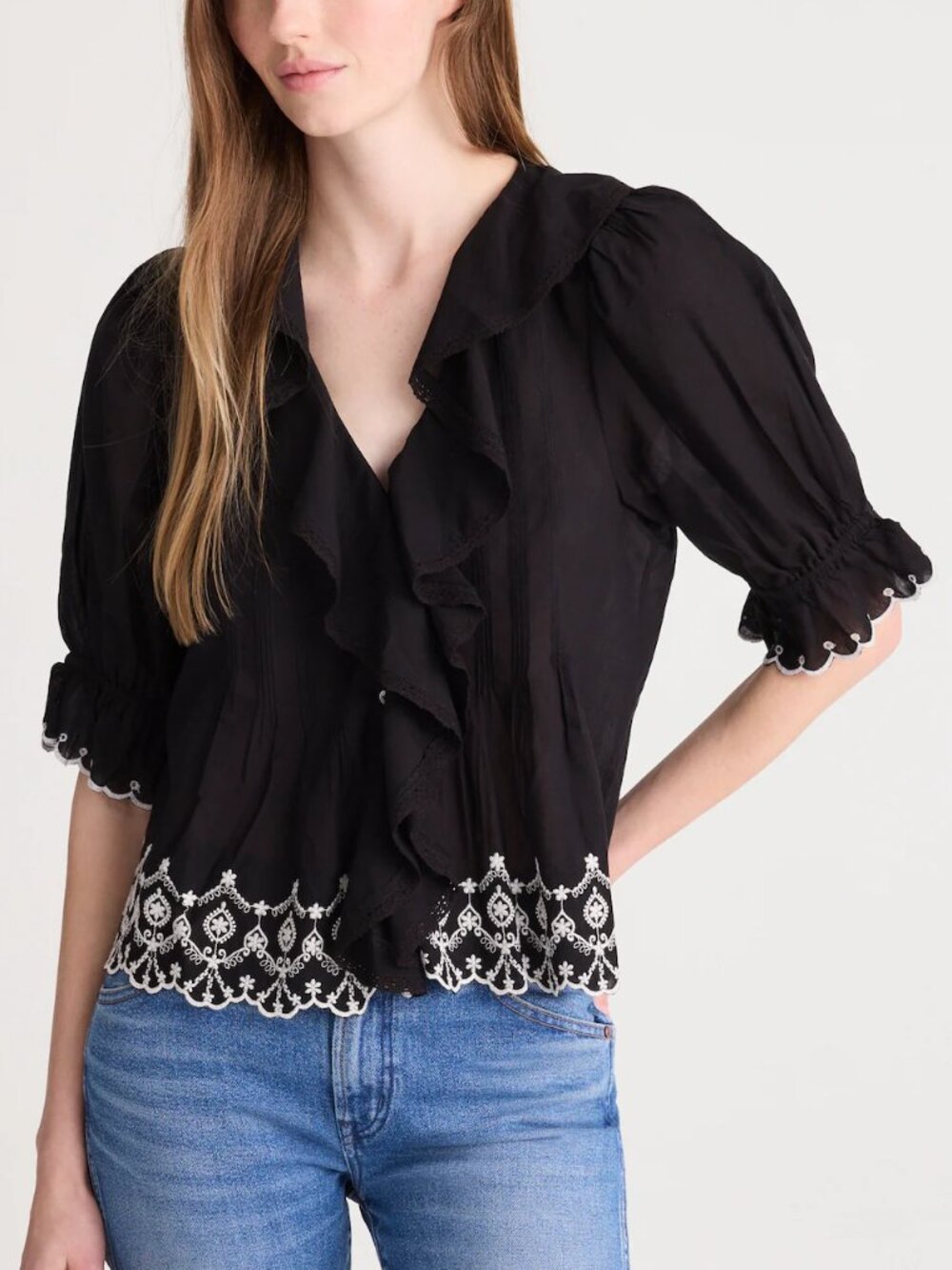 Madewell Blaire Delicate Pintucks Embroidery Ruffle Sleeve Top Black Size L NWT